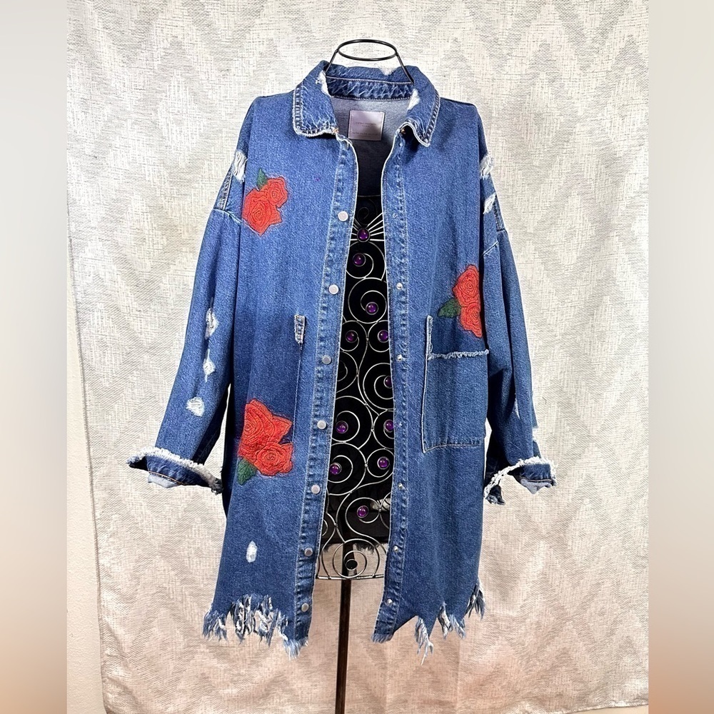 Zara Denim distressed button front jacket with rose embroidery size M